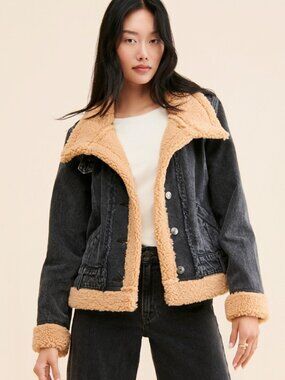 NEW WE THE FREE PEOPLE Women’s Rylee Denim Moto Jacket – Black